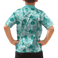Anthurium Pikake Ti Leaf Palaka Family Matching Short Sleeve Bodycon Dress and Hawaiian Shirt Turquoise Version LT01 - Polynesian Pride