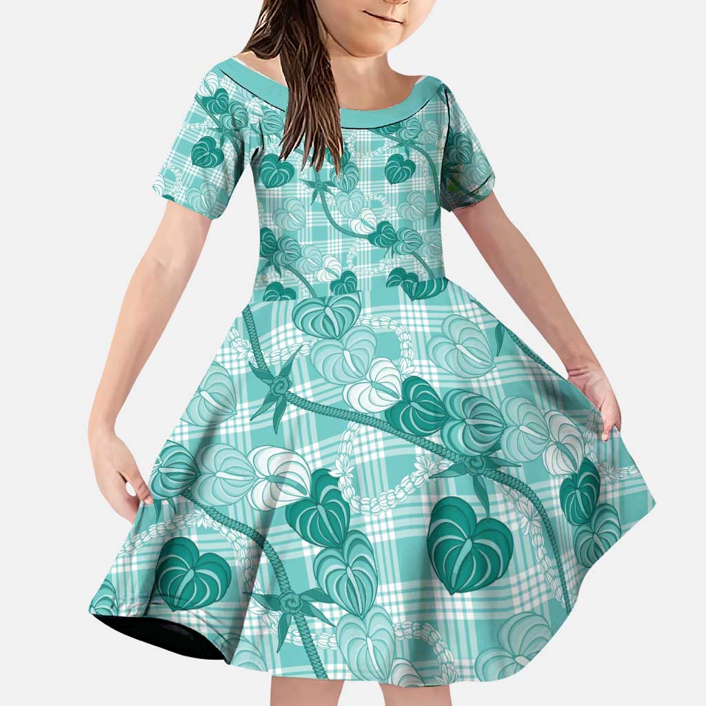 Anthurium Pikake Ti Leaf Palaka Family Matching Short Sleeve Bodycon Dress and Hawaiian Shirt Turquoise Version LT01 Daughter's Dress Turquoise - Polynesian Pride