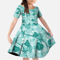 Anthurium Pikake Ti Leaf Palaka Family Matching Short Sleeve Bodycon Dress and Hawaiian Shirt Turquoise Version LT01 Daughter's Dress Turquoise - Polynesian Pride