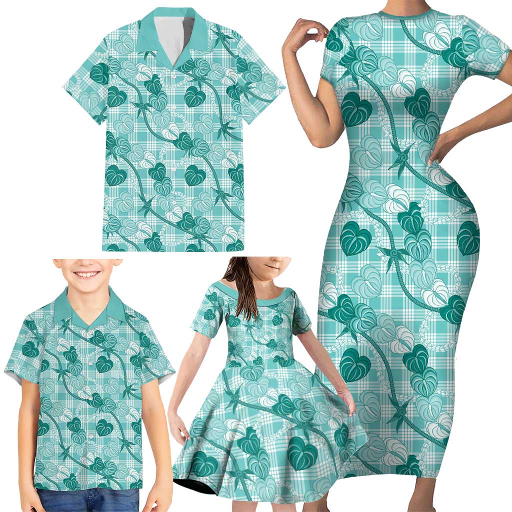 Anthurium Pikake Ti Leaf Palaka Family Matching Short Sleeve Bodycon Dress and Hawaiian Shirt Turquoise Version LT01 - Polynesian Pride