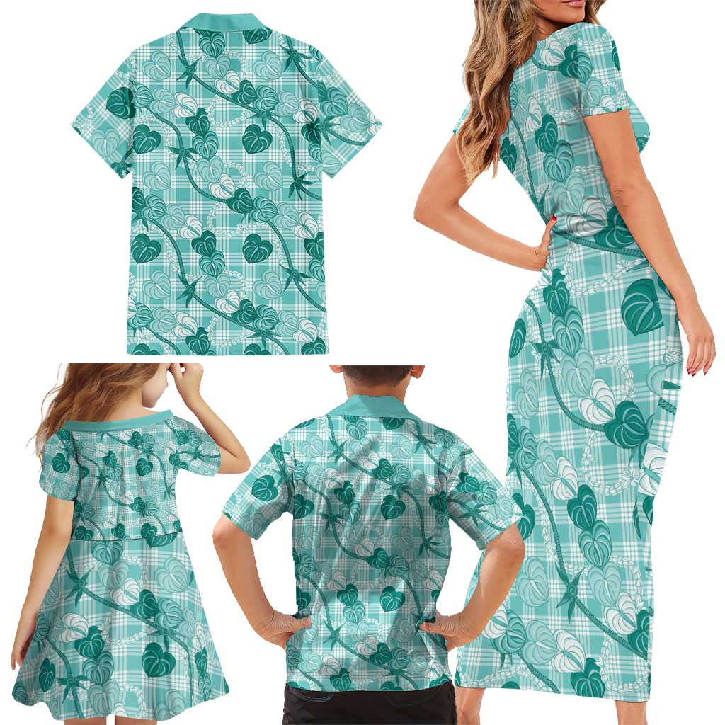 Anthurium Pikake Ti Leaf Palaka Family Matching Short Sleeve Bodycon Dress and Hawaiian Shirt Turquoise Version LT01 - Polynesian Pride