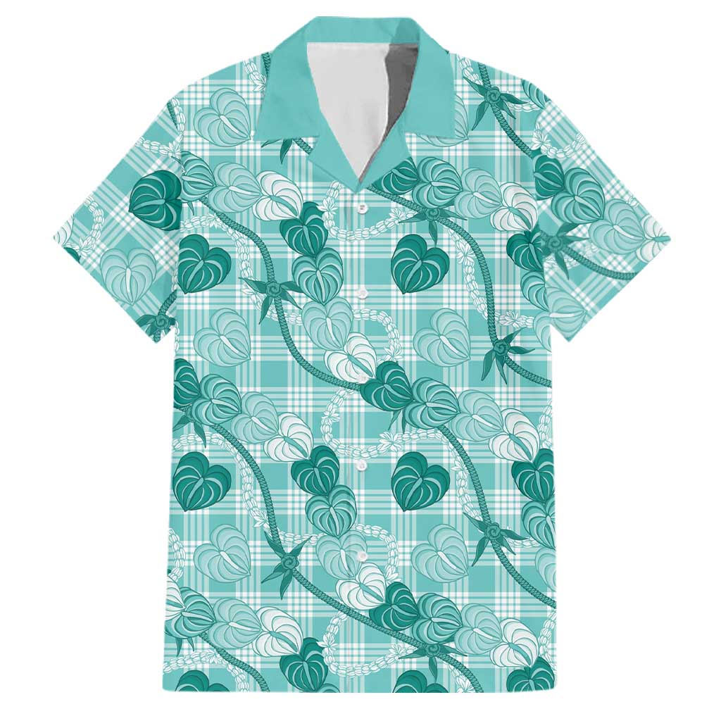 Anthurium Pikake Ti Leaf Palaka Family Matching Short Sleeve Bodycon Dress and Hawaiian Shirt Turquoise Version LT01 Dad's Shirt - Short Sleeve Turquoise - Polynesian Pride