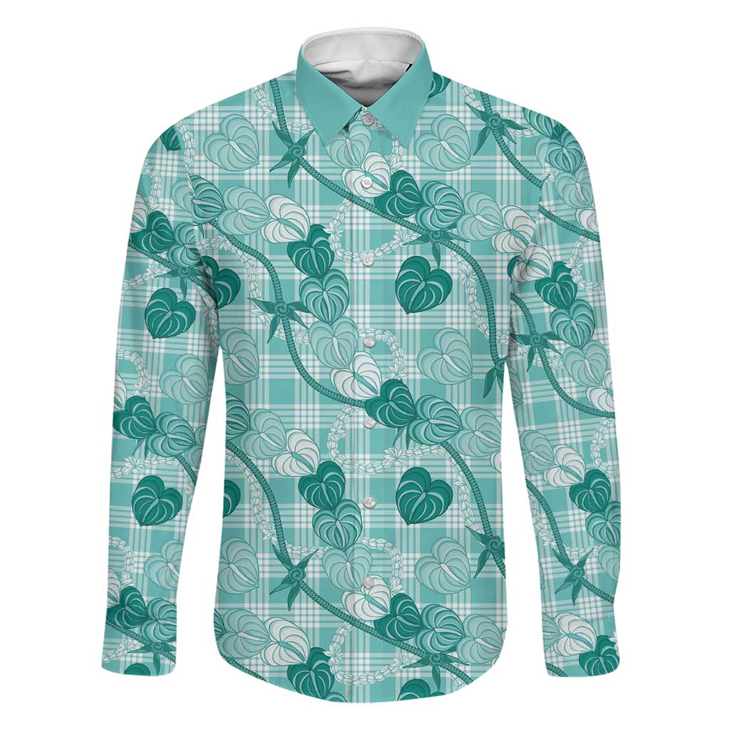 Anthurium Pikake Ti Leaf Palaka Family Matching Short Sleeve Bodycon Dress and Hawaiian Shirt Turquoise Version LT01 Dad's Shirt - Long Sleeve Turquoise - Polynesian Pride