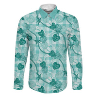 Anthurium Pikake Ti Leaf Palaka Family Matching Short Sleeve Bodycon Dress and Hawaiian Shirt Turquoise Version LT01 Dad's Shirt - Long Sleeve Turquoise - Polynesian Pride