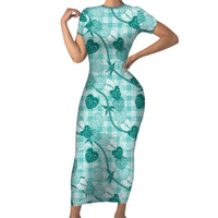 Anthurium Pikake Ti Leaf Palaka Family Matching Short Sleeve Bodycon Dress and Hawaiian Shirt Turquoise Version LT01 Mom's Dress Turquoise - Polynesian Pride