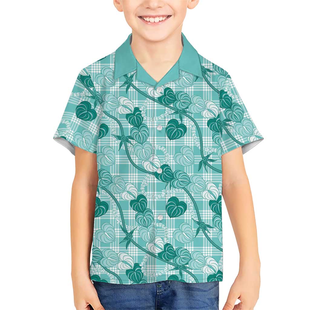 Anthurium Pikake Ti Leaf Palaka Family Matching Short Sleeve Bodycon Dress and Hawaiian Shirt Turquoise Version LT01 Son's Shirt Turquoise - Polynesian Pride
