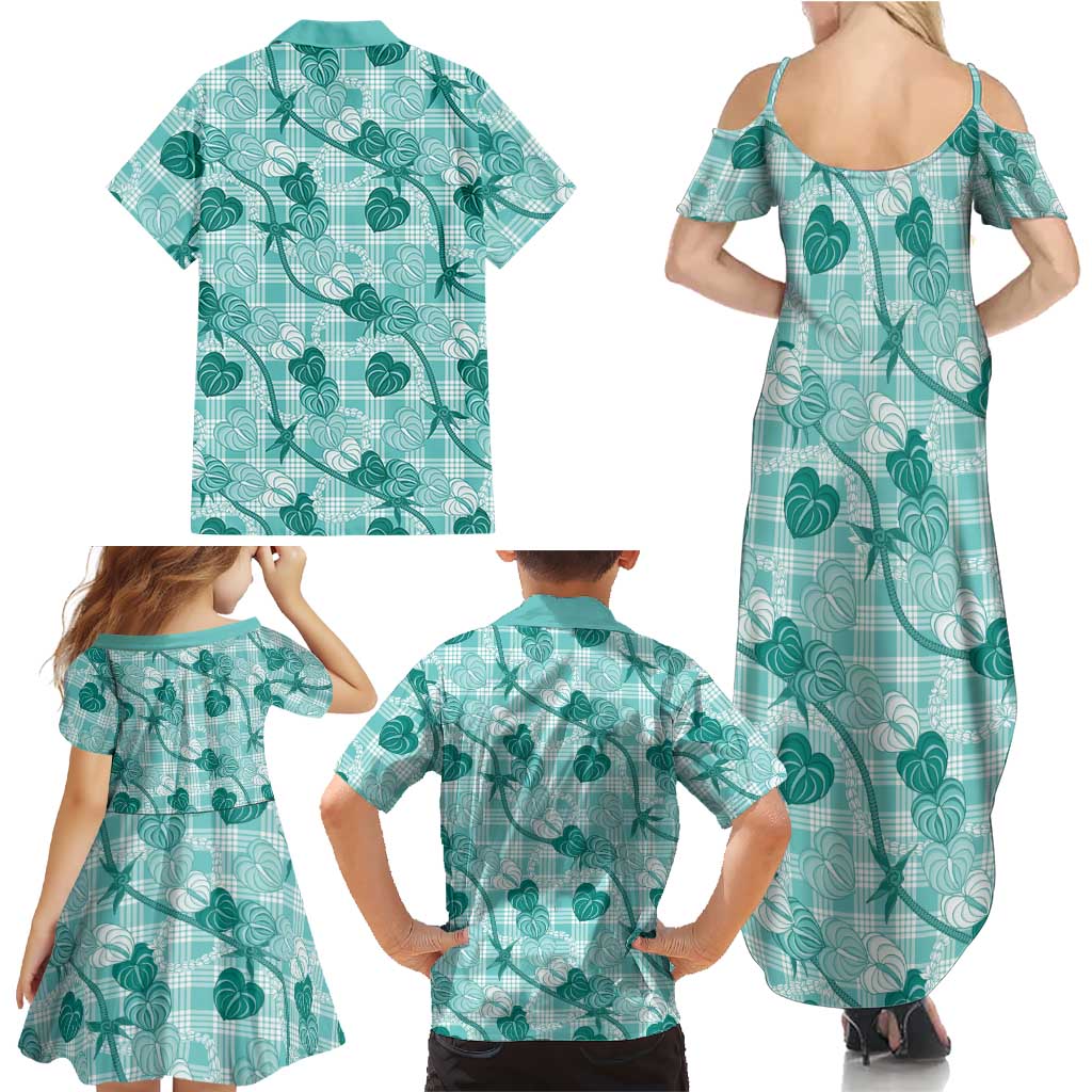 Anthurium Pikake Ti Leaf Palaka Family Matching Summer Maxi Dress and Hawaiian Shirt Turquoise Version