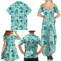 Anthurium Pikake Ti Leaf Palaka Family Matching Summer Maxi Dress and Hawaiian Shirt Turquoise Version