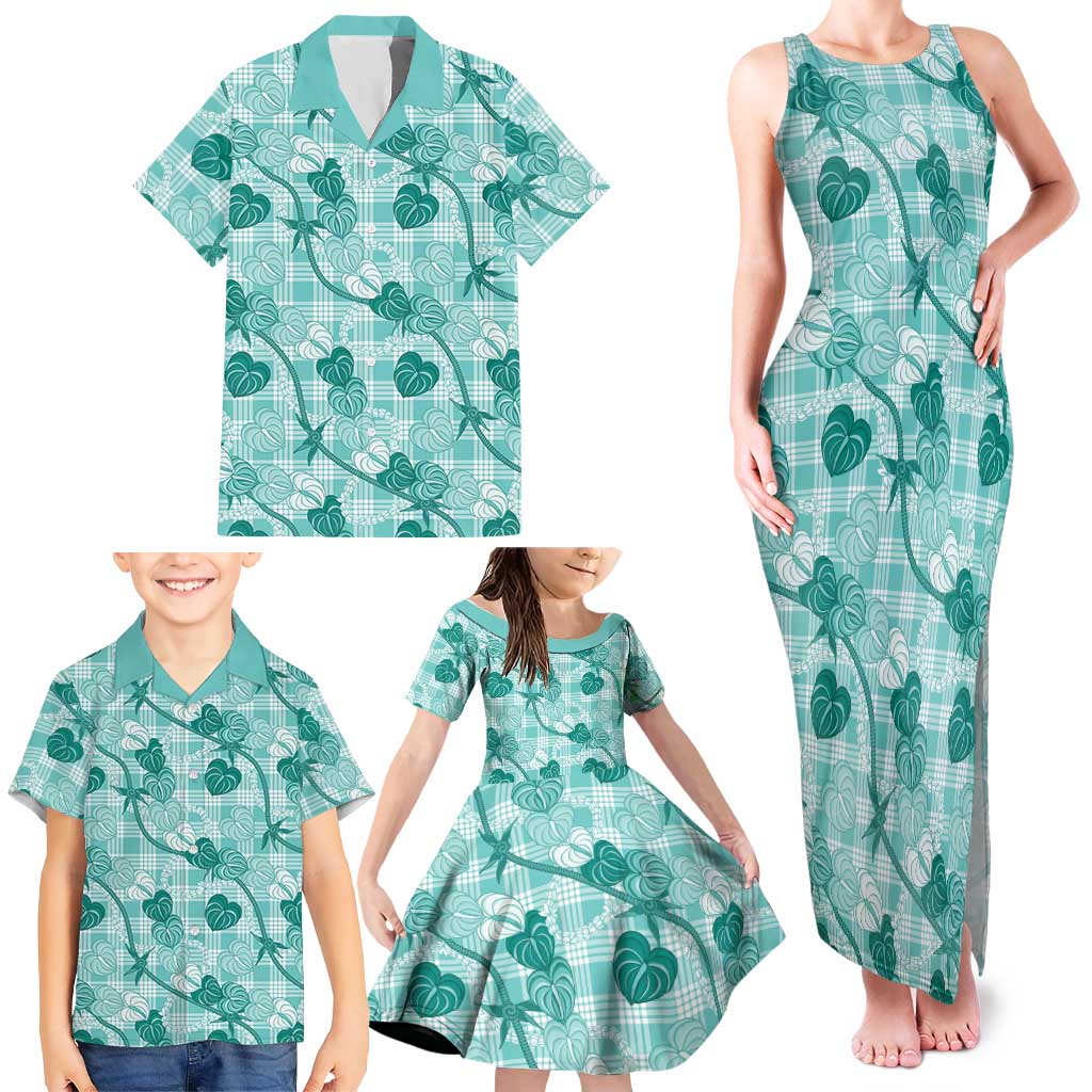Anthurium Pikake Ti Leaf Palaka Family Matching Tank Maxi Dress and Hawaiian Shirt Turquoise Version