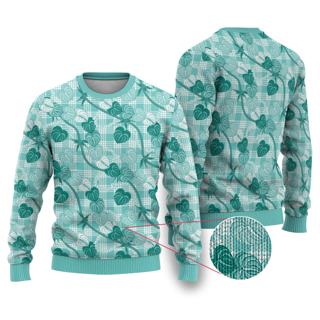 Anthurium Pikake Ti Leaf Palaka Ugly Christmas Sweater Turquoise Version LT01 Turquoise - Polynesian Pride