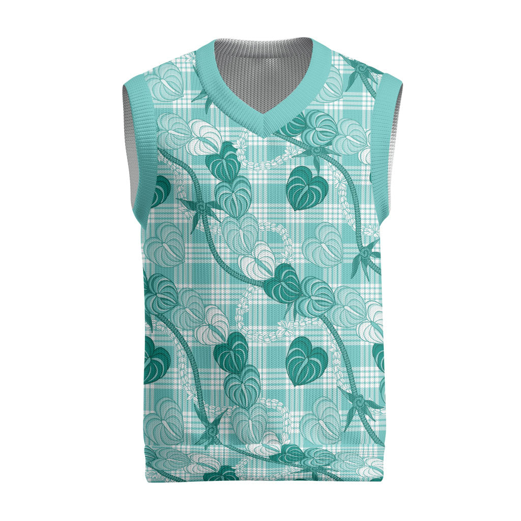 Anthurium Pikake Ti Leaf Palaka Christmas Knitted V-Neck Vest Turquoise Version LT01 Turquoise - Polynesian Pride