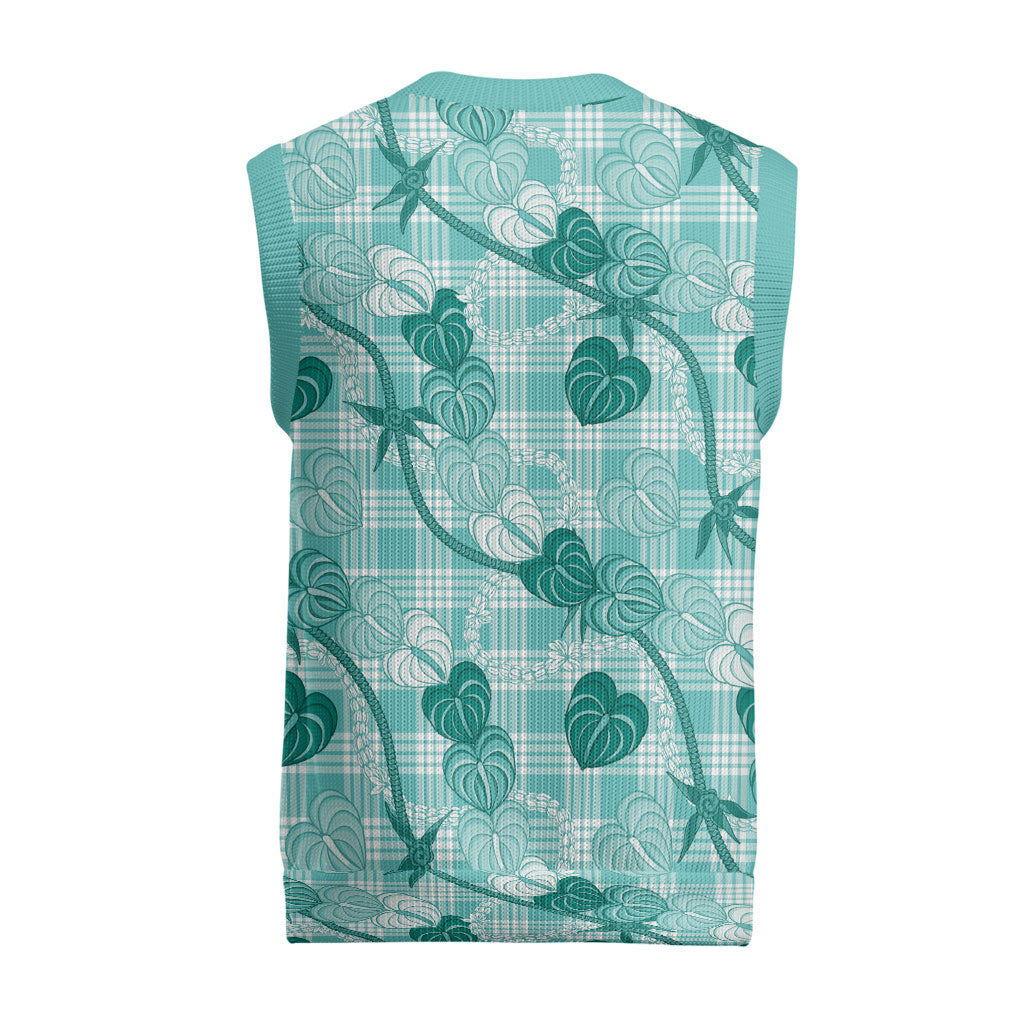 Anthurium Pikake Ti Leaf Palaka Christmas Knitted V-Neck Vest Turquoise Version LT01 - Polynesian Pride