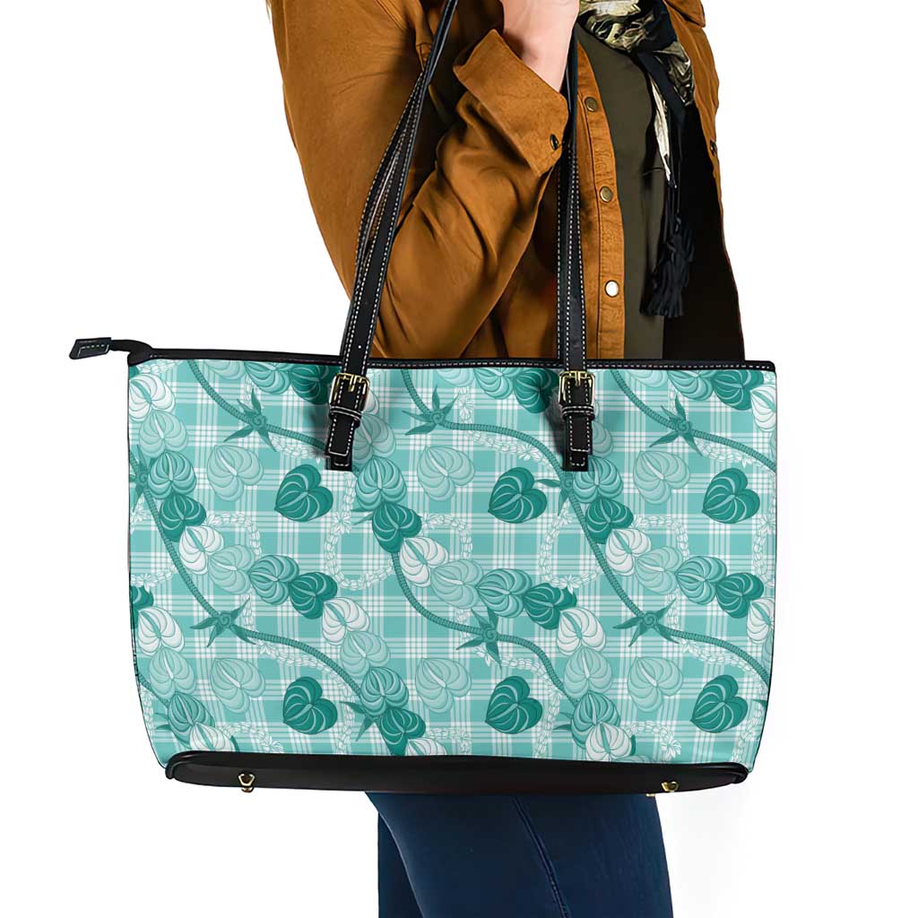 Anthurium Pikake Ti Leaf Palaka Leather Tote Bag Turquoise Version