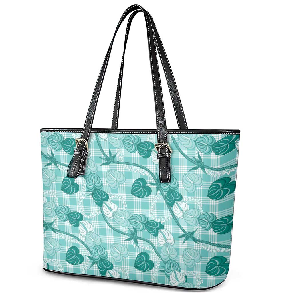 Anthurium Pikake Ti Leaf Palaka Leather Tote Bag Turquoise Version