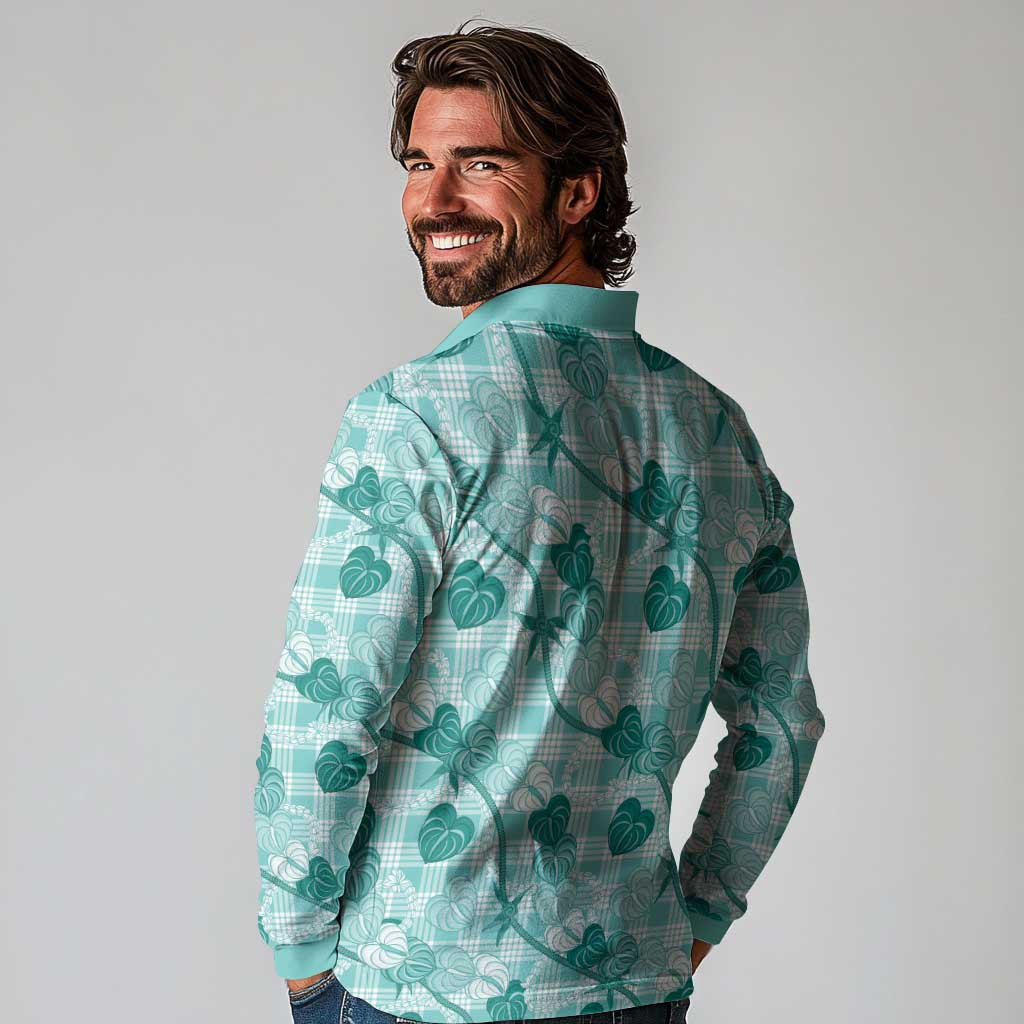 Anthurium Pikake Ti Leaf Palaka Long Sleeve Polo Shirt Turquoise Version