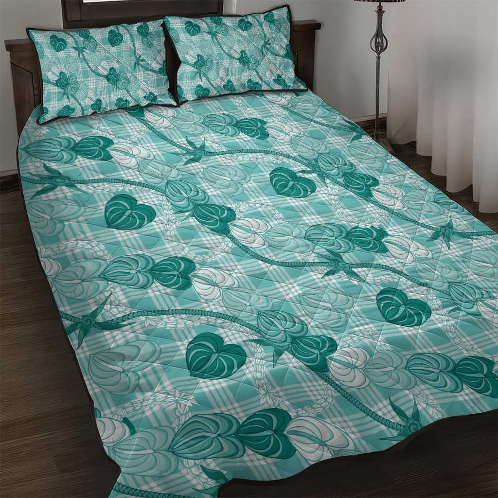Anthurium Pikake Ti Leaf Palaka Quilt Bed Set Turquoise Version