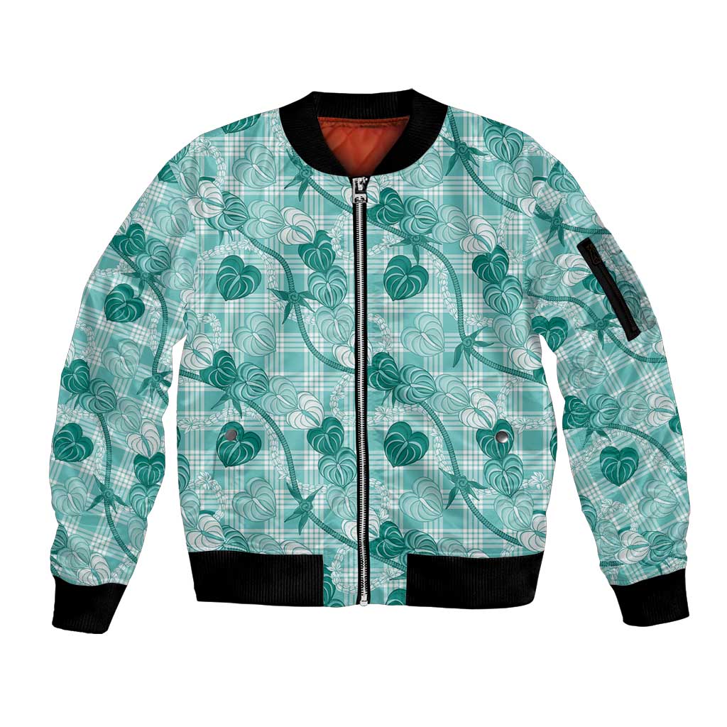 Anthurium Pikake Ti Leaf Palaka Sleeve Zip Bomber Jacket Turquoise Version