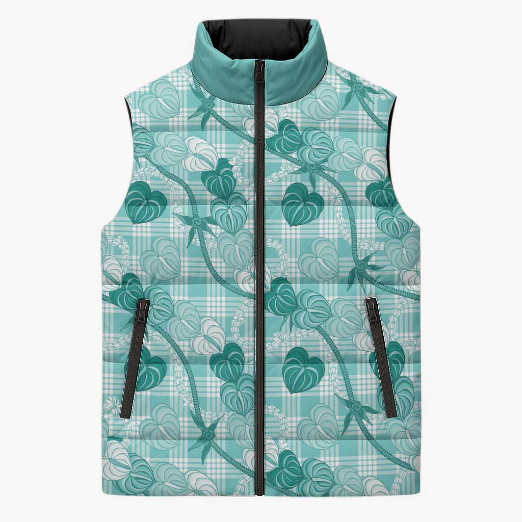 Anthurium Pikake Ti Leaf Palaka Sleeveless Puffer Jacket Turquoise Version