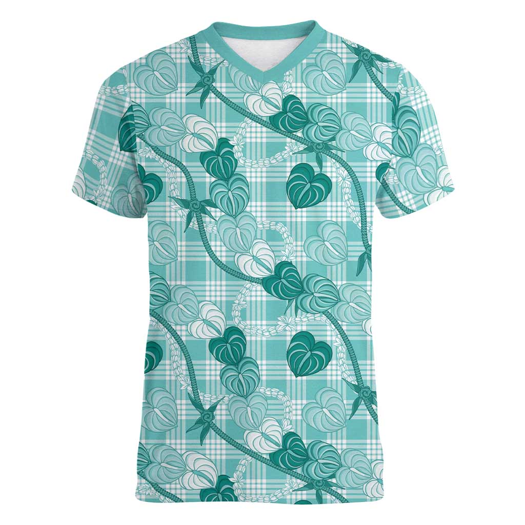 Anthurium Pikake Ti Leaf Palaka Women V-Neck T-Shirt Turquoise Version