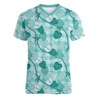 Anthurium Pikake Ti Leaf Palaka Women V-Neck T-Shirt Turquoise Version