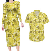 Anthurium Pikake Ti Leaf Palaka Couples Matching Long Sleeve Bodycon Dress and Hawaiian Shirt Yellow Version