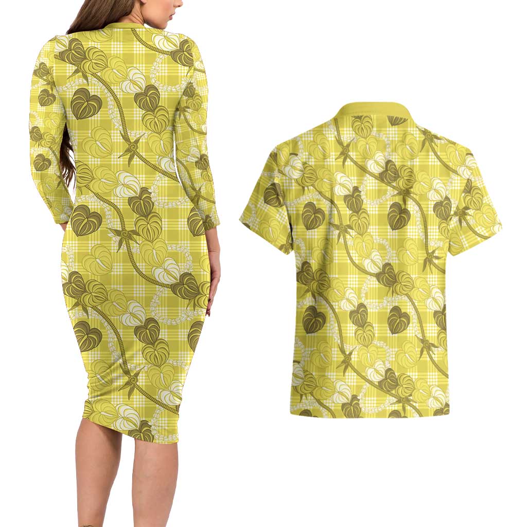 Anthurium Pikake Ti Leaf Palaka Couples Matching Long Sleeve Bodycon Dress and Hawaiian Shirt Yellow Version