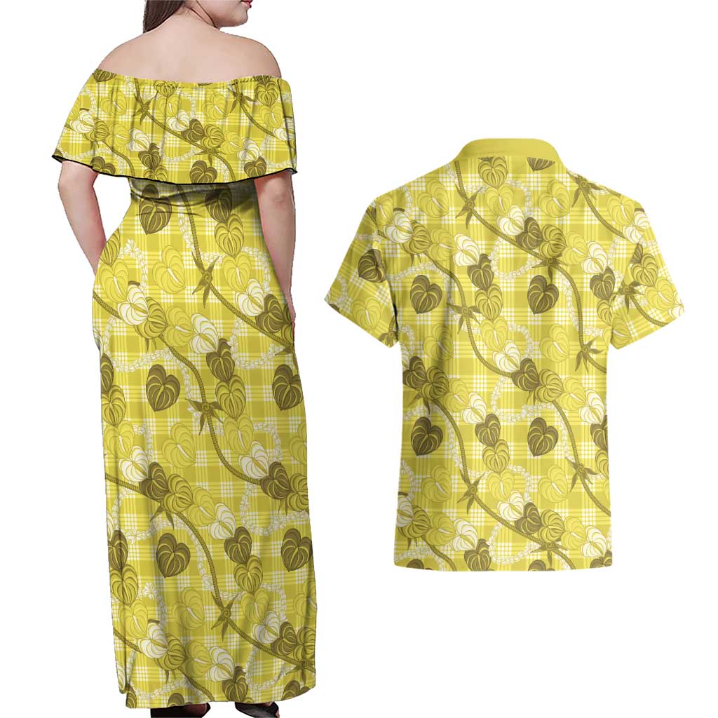 Anthurium Pikake Ti Leaf Palaka Couples Matching Off Shoulder Maxi Dress and Hawaiian Shirt Yellow Version
