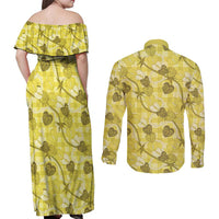 Anthurium Pikake Ti Leaf Palaka Couples Matching Off Shoulder Maxi Dress and Long Sleeve Button Shirt Yellow Version LT01 - Polynesian Pride