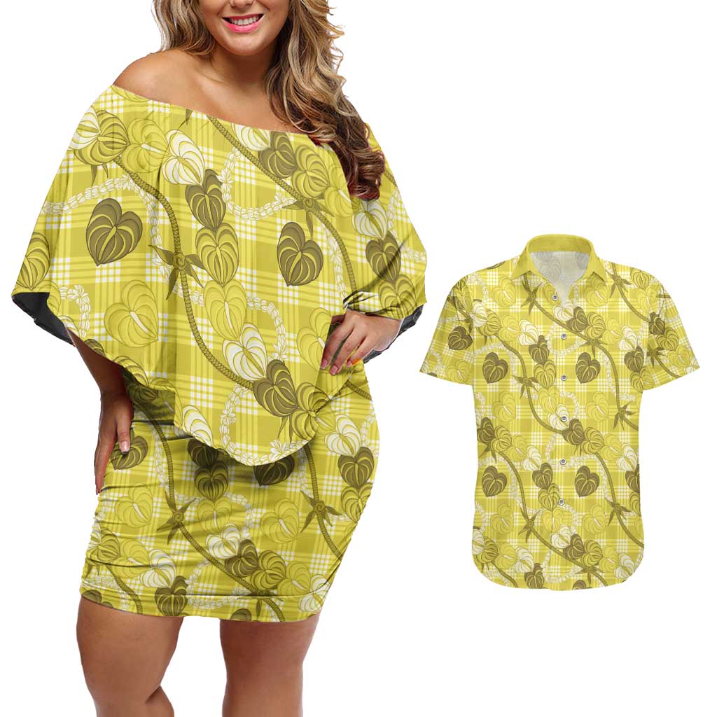 Anthurium Pikake Ti Leaf Palaka Couples Matching Off Shoulder Short Dress and Hawaiian Shirt Yellow Version