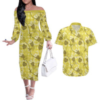 Anthurium Pikake Ti Leaf Palaka Couples Matching Off The Shoulder Long Sleeve Dress and Hawaiian Shirt Yellow Version