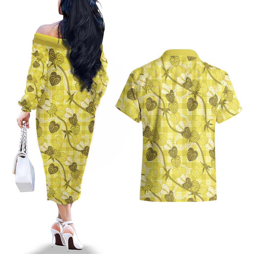 Anthurium Pikake Ti Leaf Palaka Couples Matching Off The Shoulder Long Sleeve Dress and Hawaiian Shirt Yellow Version