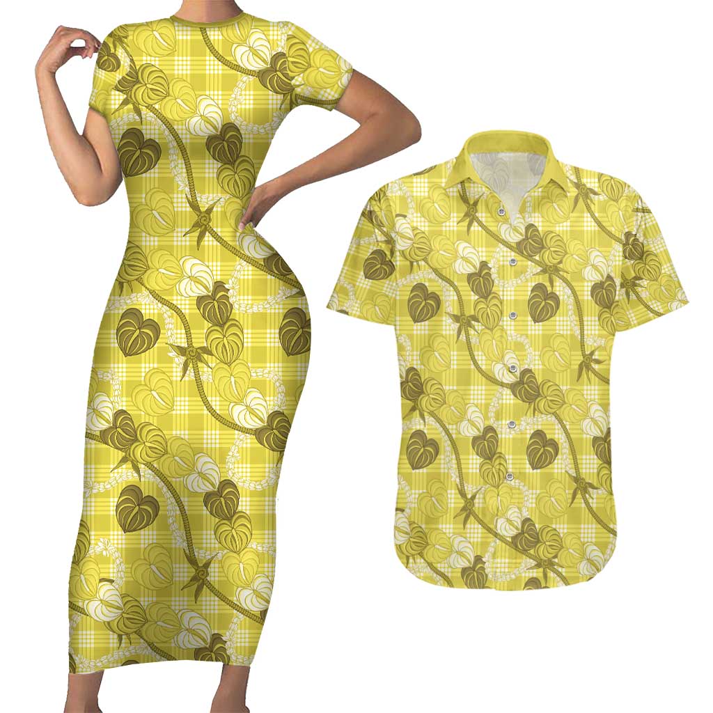 Anthurium Pikake Ti Leaf Palaka Couples Matching Short Sleeve Bodycon Dress and Hawaiian Shirt Yellow Version