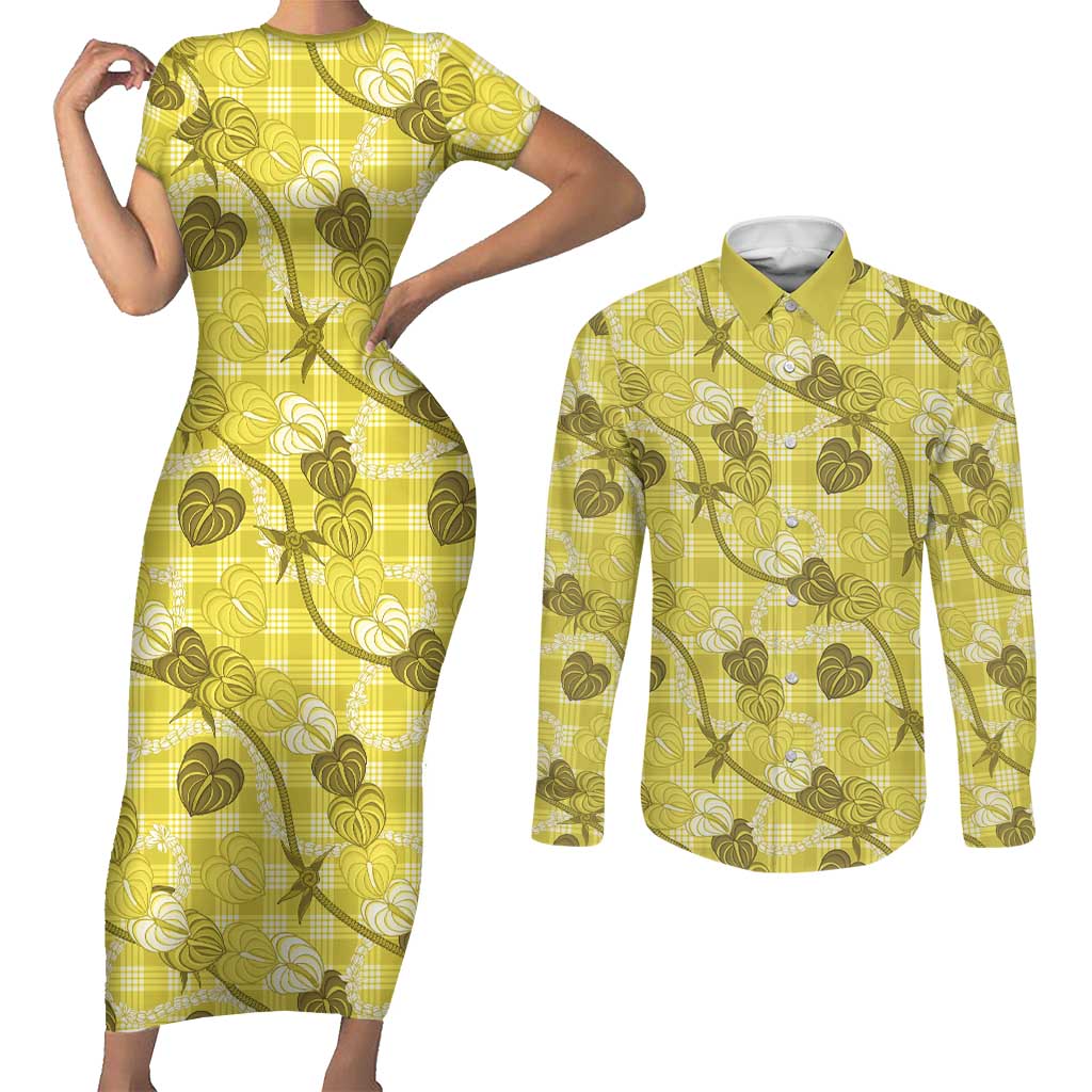Anthurium Pikake Ti Leaf Palaka Couples Matching Short Sleeve Bodycon Dress and Long Sleeve Button Shirt Yellow Version