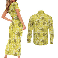 Anthurium Pikake Ti Leaf Palaka Couples Matching Short Sleeve Bodycon Dress and Long Sleeve Button Shirt Yellow Version
