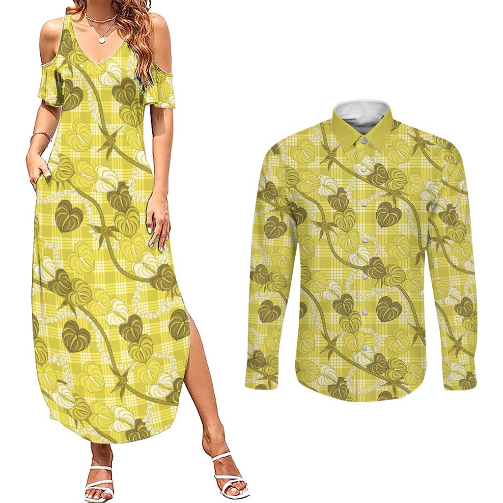Anthurium Pikake Ti Leaf Palaka Couples Matching Summer Maxi Dress and Long Sleeve Button Shirt Yellow Version