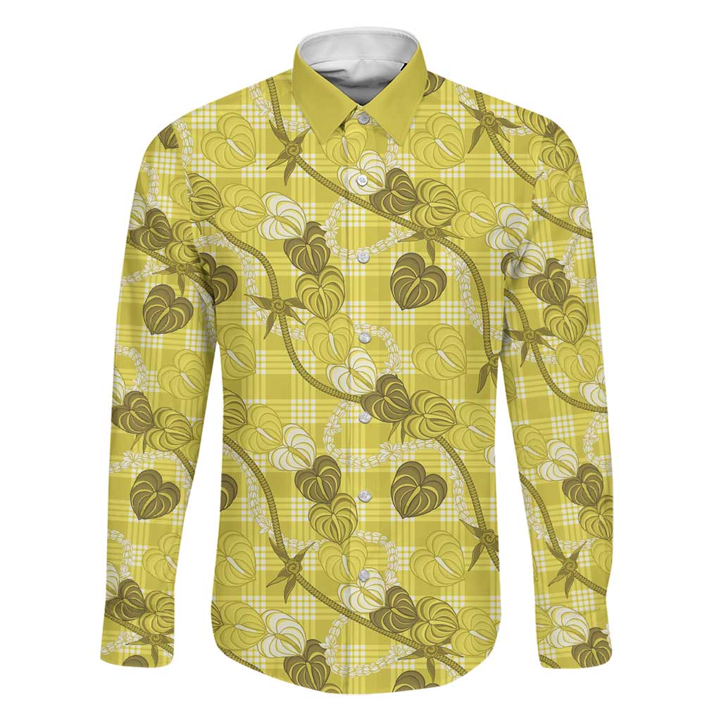 Anthurium Pikake Ti Leaf Palaka Family Matching Long Sleeve Bodycon Dress and Hawaiian Shirt Yellow Version