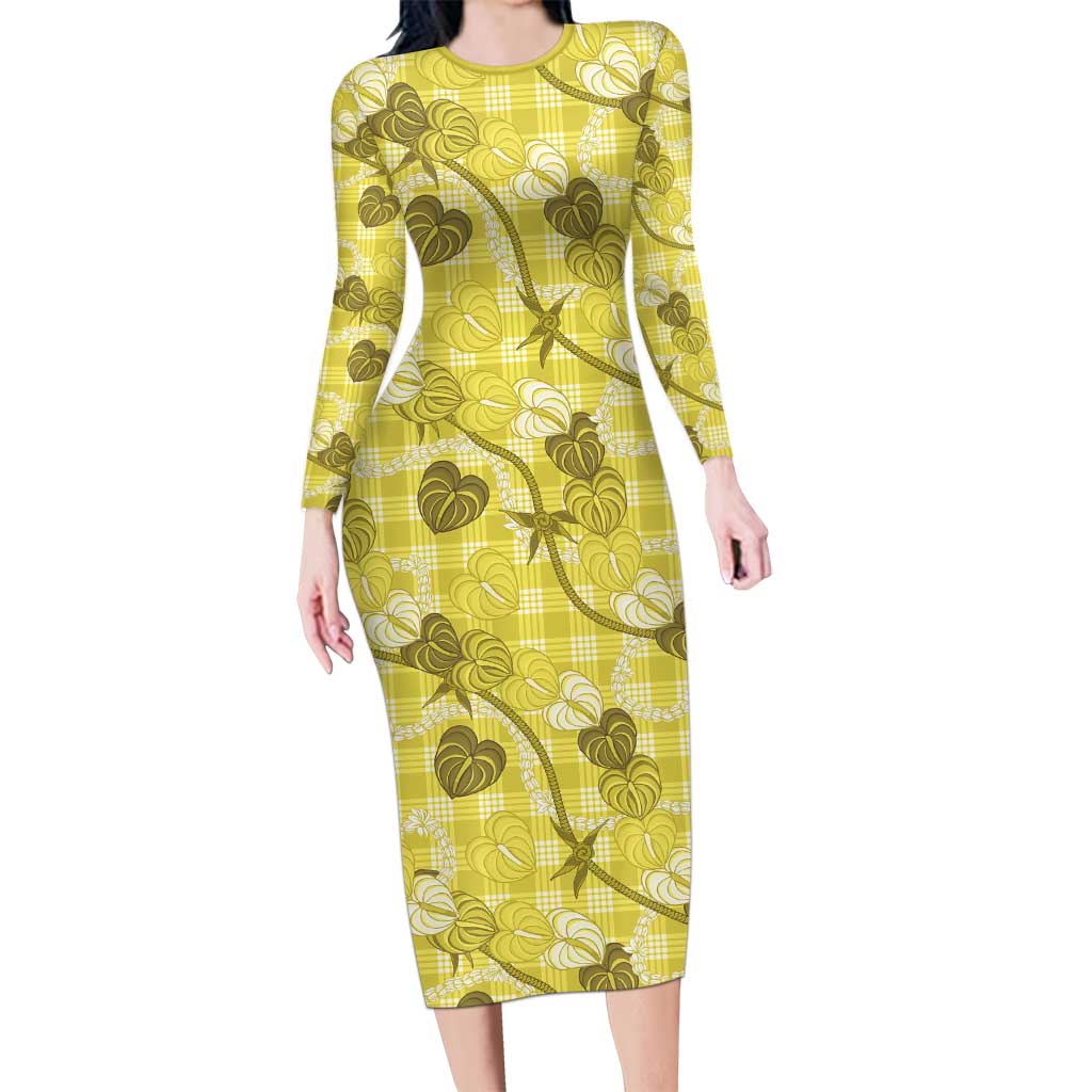 Anthurium Pikake Ti Leaf Palaka Family Matching Long Sleeve Bodycon Dress and Hawaiian Shirt Yellow Version