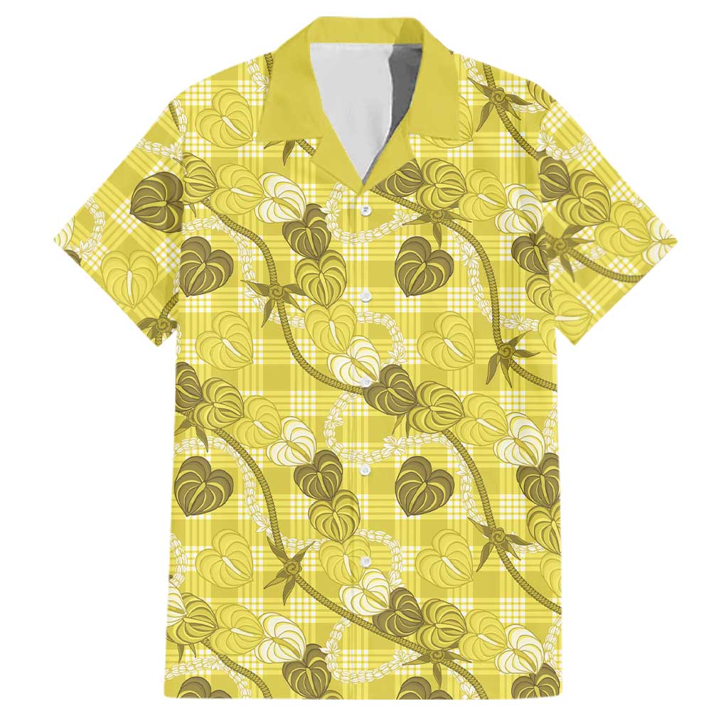 Anthurium Pikake Ti Leaf Palaka Family Matching Off Shoulder Short Dress and Hawaiian Shirt Yellow Version