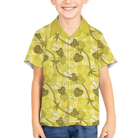 Anthurium Pikake Ti Leaf Palaka Family Matching Off Shoulder Short Dress and Hawaiian Shirt Yellow Version
