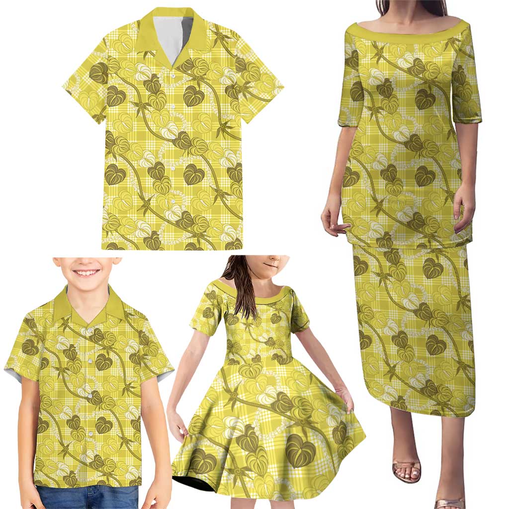 Anthurium Pikake Ti Leaf Palaka Family Matching Puletasi and Hawaiian Shirt Yellow Version