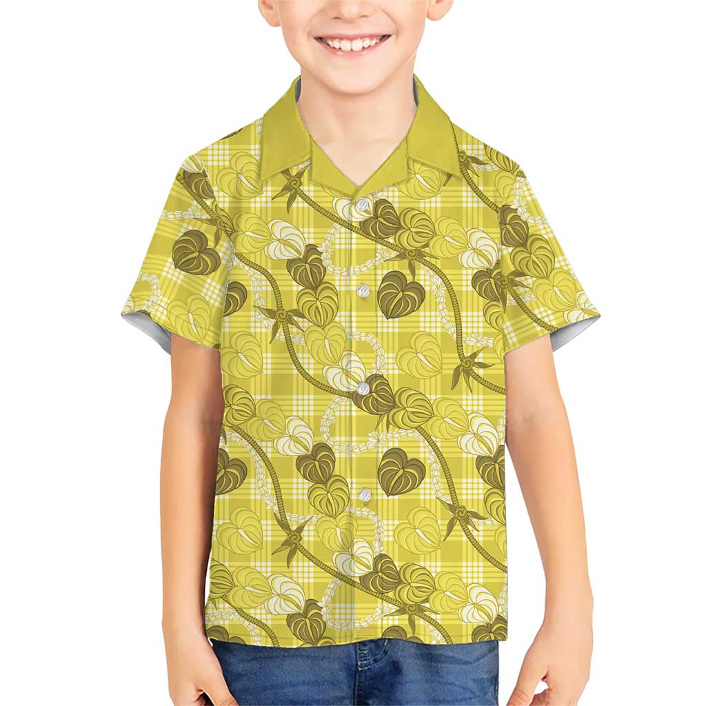 Anthurium Pikake Ti Leaf Palaka Family Matching Puletasi and Hawaiian Shirt Yellow Version