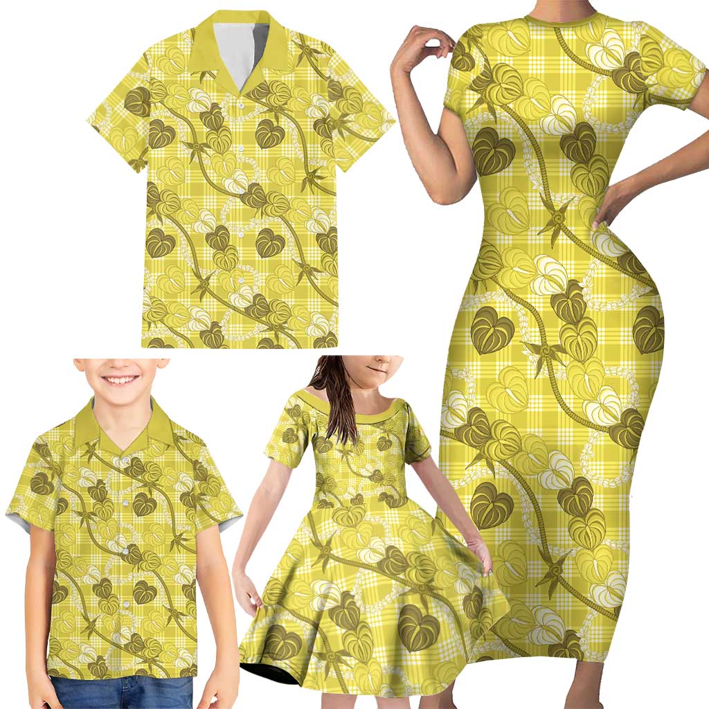 Anthurium Pikake Ti Leaf Palaka Family Matching Short Sleeve Bodycon Dress and Hawaiian Shirt Yellow Version