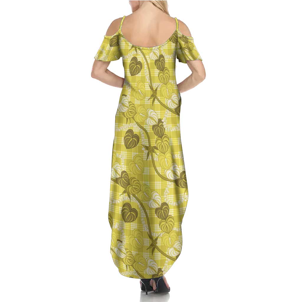 Anthurium Pikake Ti Leaf Palaka Family Matching Summer Maxi Dress and Hawaiian Shirt Yellow Version