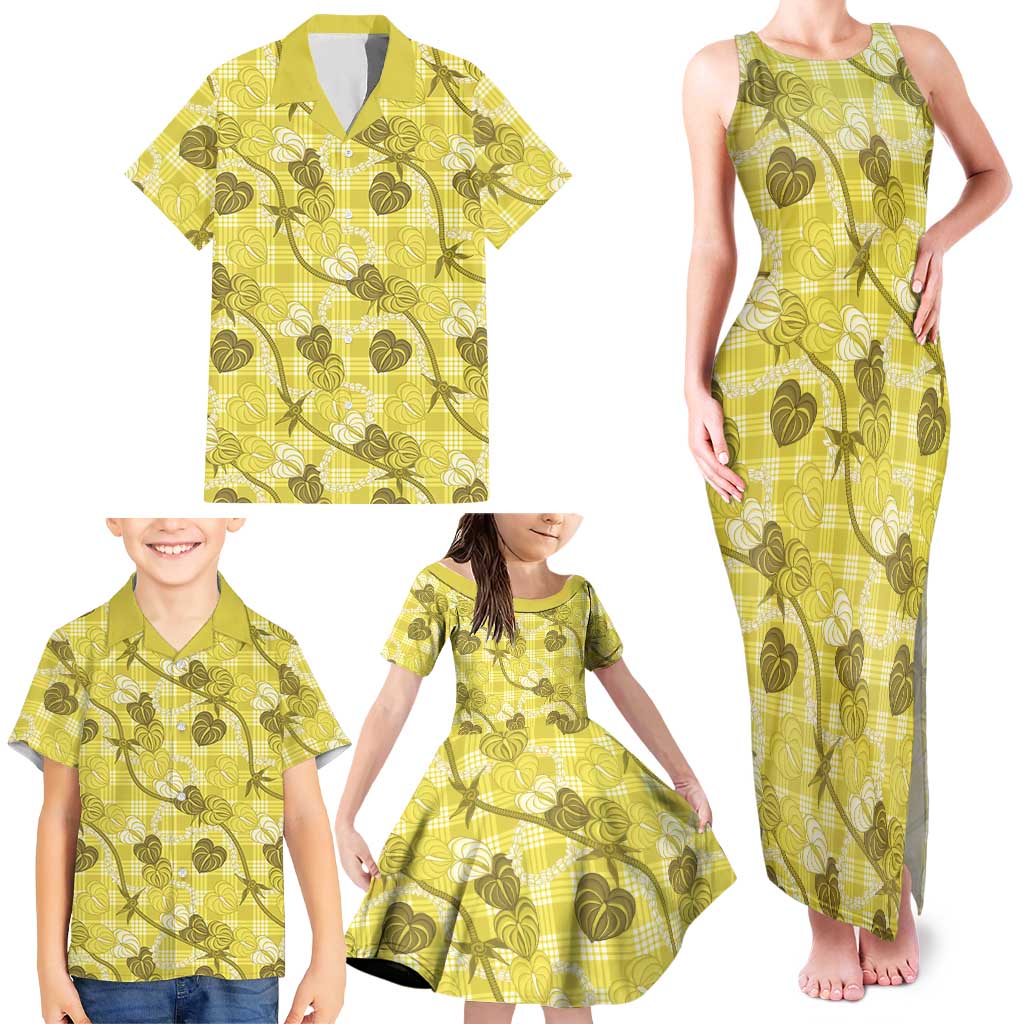 Anthurium Pikake Ti Leaf Palaka Family Matching Tank Maxi Dress and Hawaiian Shirt Yellow Version