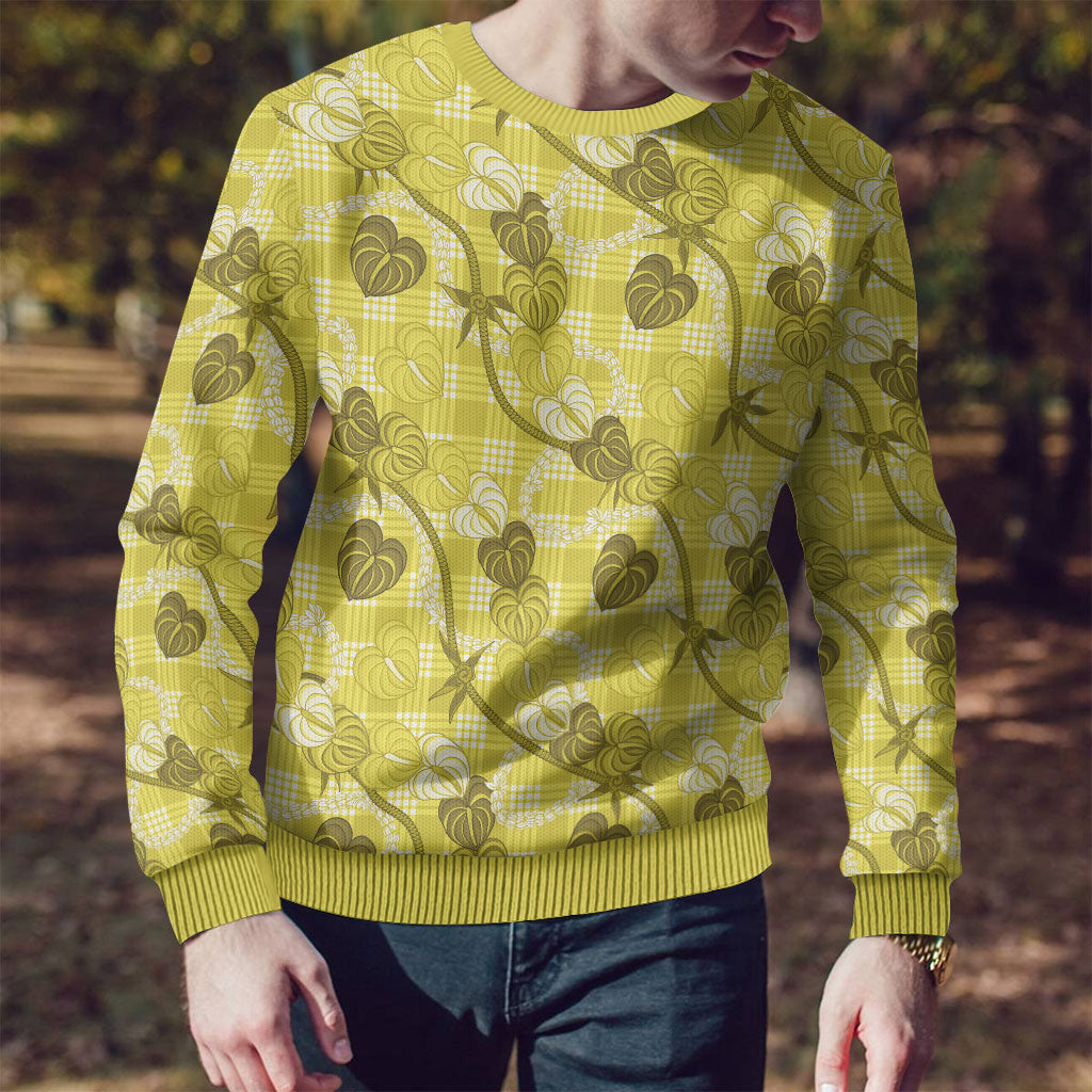 Anthurium Pikake Ti Leaf Palaka Ugly Christmas Sweater Yellow Version LT01 - Polynesian Pride