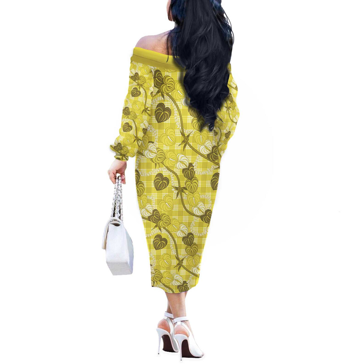 Anthurium Pikake Ti Leaf Palaka Off The Shoulder Long Sleeve Dress Yellow Version