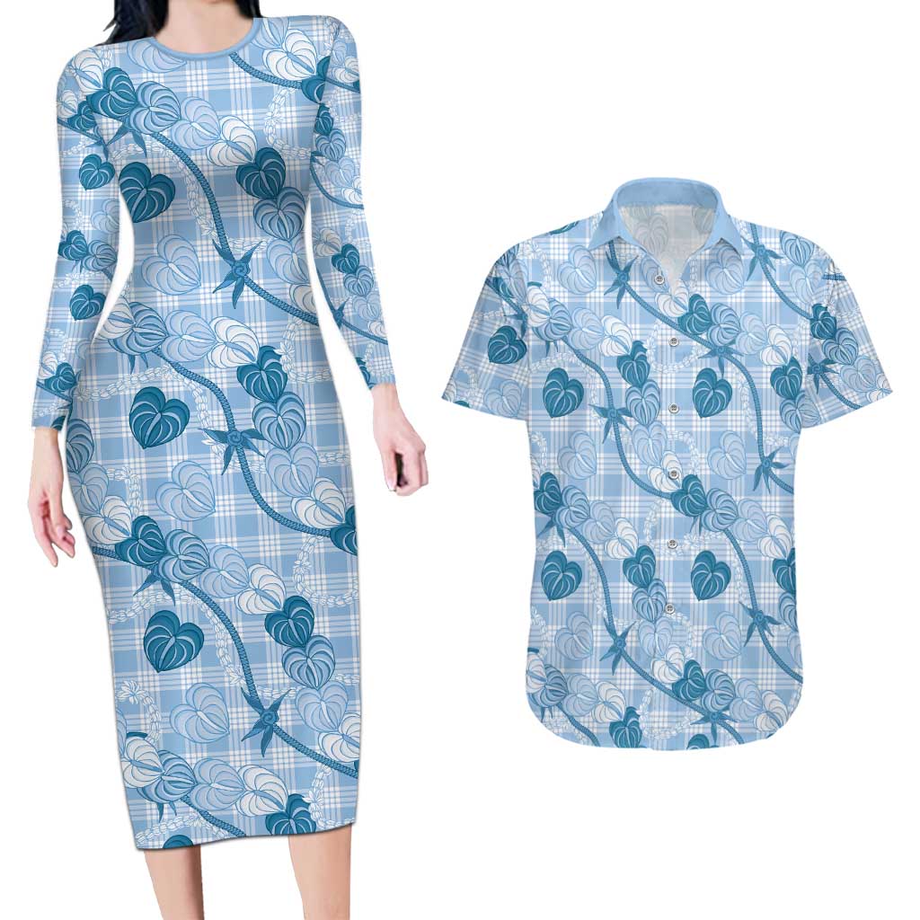 Anthurium Pikake Ti Leaf Palaka Couples Matching Long Sleeve Bodycon Dress and Hawaiian Shirt Blue Version