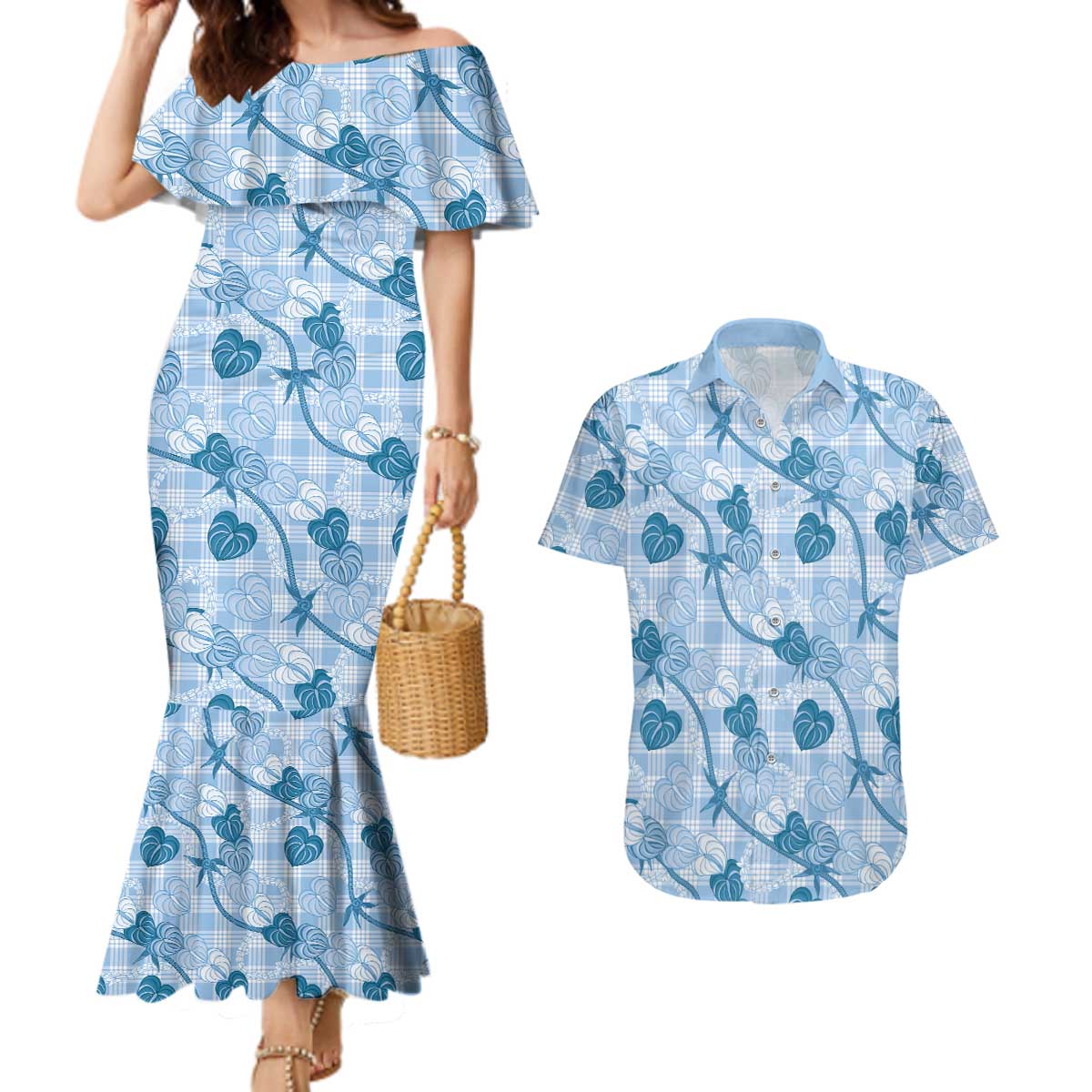 Anthurium Pikake Ti Leaf Palaka Couples Matching Mermaid Dress and Hawaiian Shirt Blue Version