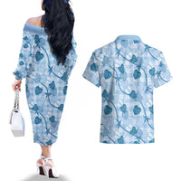 Anthurium Pikake Ti Leaf Palaka Couples Matching Off The Shoulder Long Sleeve Dress and Hawaiian Shirt Blue Version
