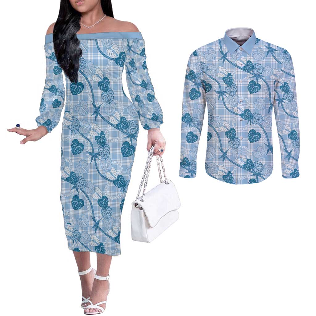 Anthurium Pikake Ti Leaf Palaka Couples Matching Off The Shoulder Long Sleeve Dress and Long Sleeve Button Shirt Blue Version
